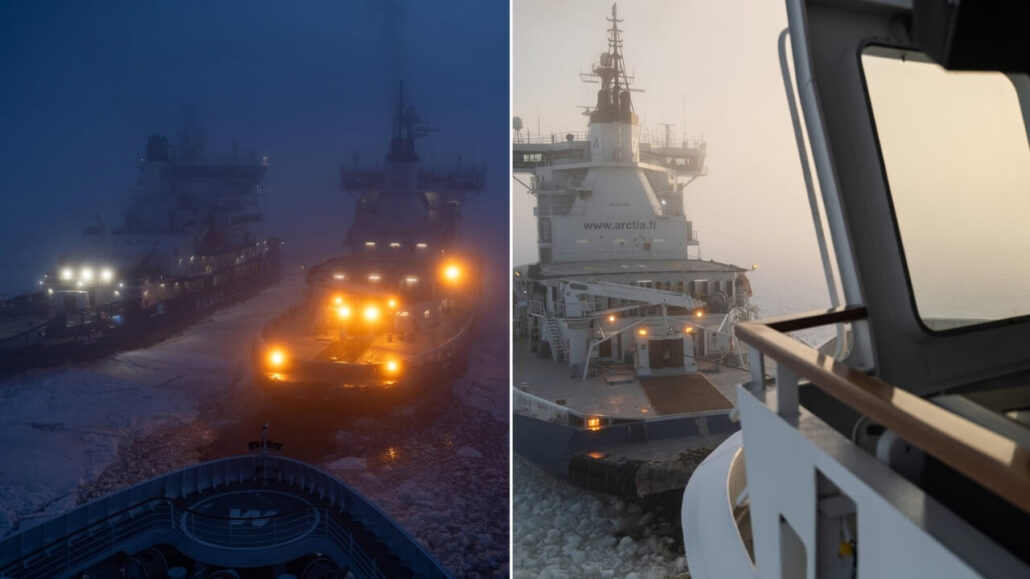 Split image: Left shows an icebreaker navigating Finland's icy waters at night with glowing lights. Right captures the same ship during dusk or dawn in a misty setting, viewed from a cruise ship's deck. Both scenarios depict fog and challenging frozen conditions.