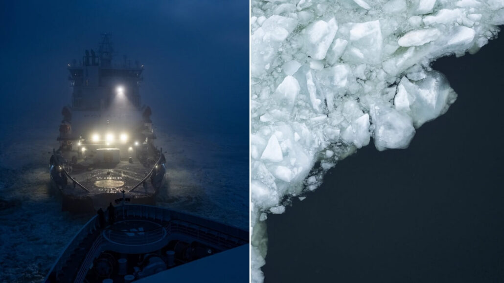 Left side: A cruise ship navigates the icy waters near Finland in heavy fog, bright lights piercing the mist. Right side: An aerial view reveals ice chunks drifting on the dark water, akin to an icebreaker's path through a frozen expanse.
