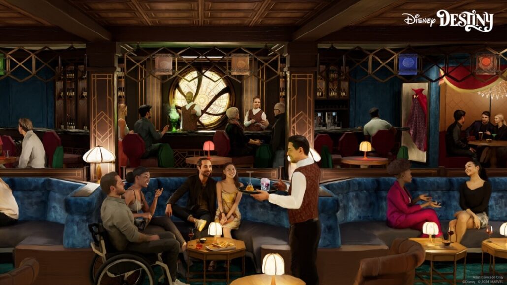 A stylish lounge with people socializing on blue sofas, a waiter serving drinks, and a large decorative window in the background. Warm lighting and classic decor set the scene, with subtle nods to Disney Destiny Attractions in the upper right corner.