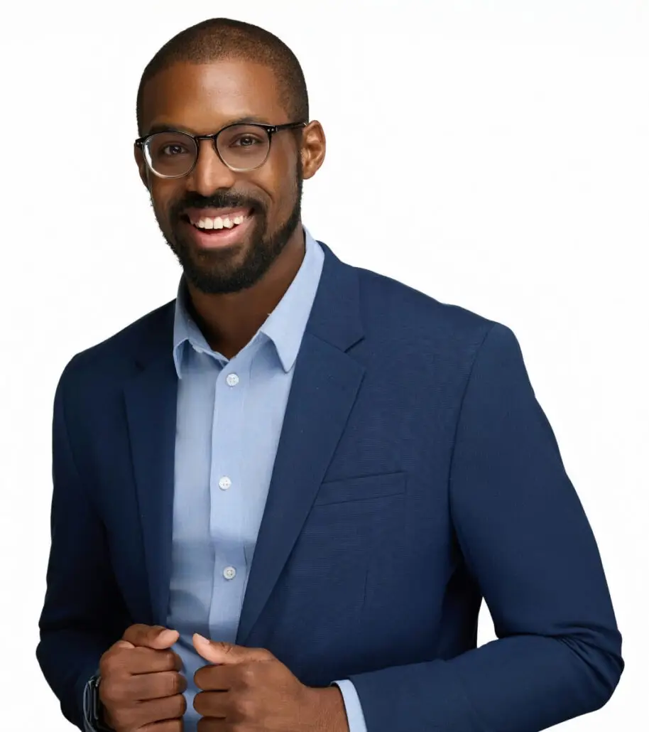 A man wearing glasses and a navy blue suit jacket over a light blue shirt is smiling at the camera against a plain white background, looking ready to announce the Carnival Cruise Director Schedule for cruise ship adventures in 2025.