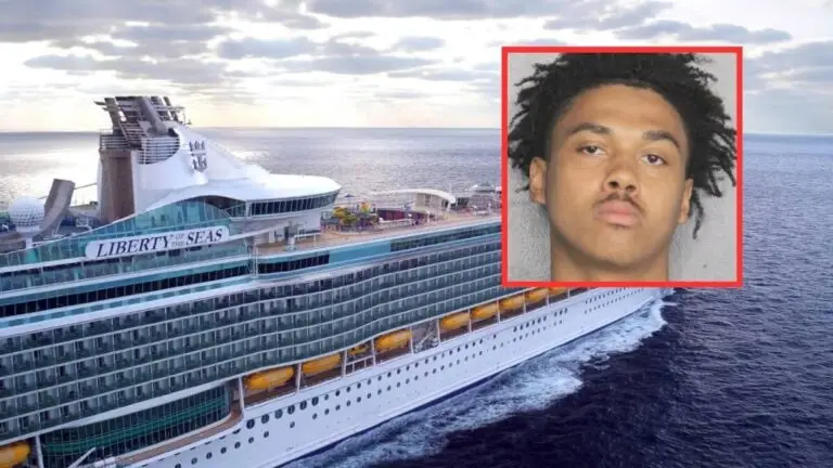 A large cruise ship named "Liberty of the Seas" sails on the ocean, with an inset showing a young man with short curly hair and a neutral expression—reportedly a guest charged in connection to an elevator assault aboard the cruise ship.