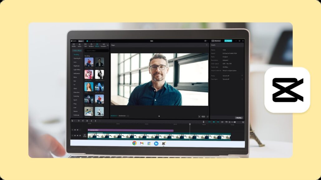 A laptop screen showcases stunning video stories with editing software, featuring a clip of a person in a blue shirt on the timeline. Editing tools and a timeline are at the bottom, while the software logo is visible on the right side of this creative workspace.