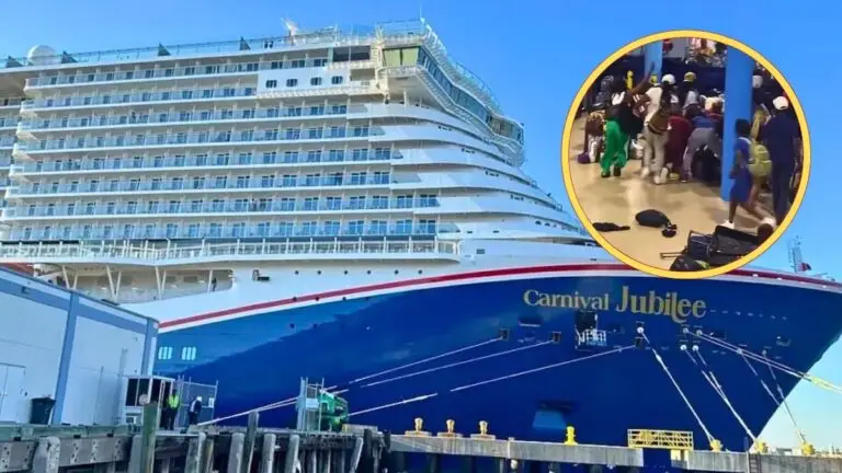 A large cruise ship labeled "Carnival Jubilee" is docked at Carnival Terminal in Texas. Inset at the top right, a circular image shows a group of cruise passengers crowded indoors, some wearing helmets and uniforms.