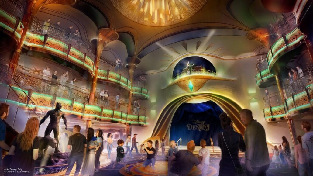 Illustration of a grand theater with ornate balconies and glowing lights. The audience watches "Disney Destiny," featuring beloved characters from Hercules and The Lion King, as a figure stands on a raised platform above the main stage.