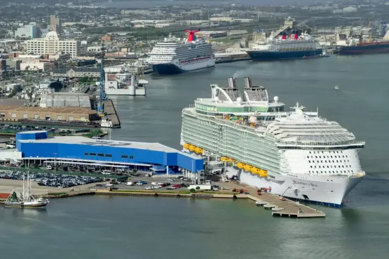 A large white cruise ship docked at the Galveston port terminal with other cruise ships and buildings in the background under a clear sky. The scene includes water, parked cars, cruise passengers, and various port structures.