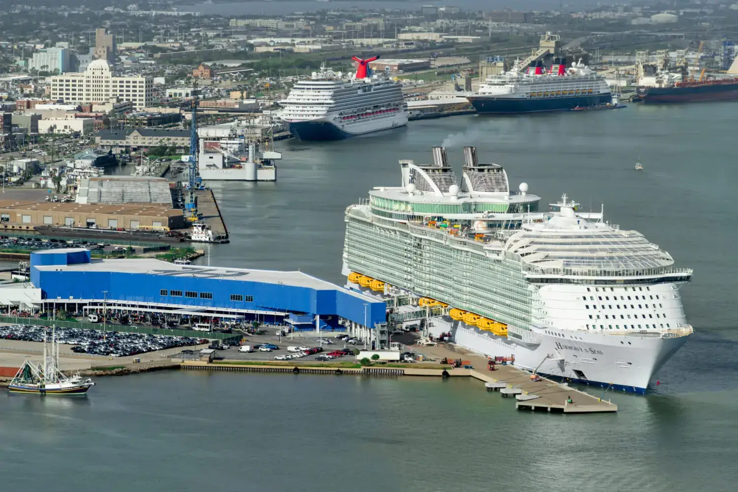 A large white cruise ship docked at the Galveston port terminal with other cruise ships and buildings in the background under a clear sky. The scene includes water, parked cars, cruise passengers, and various port structures.