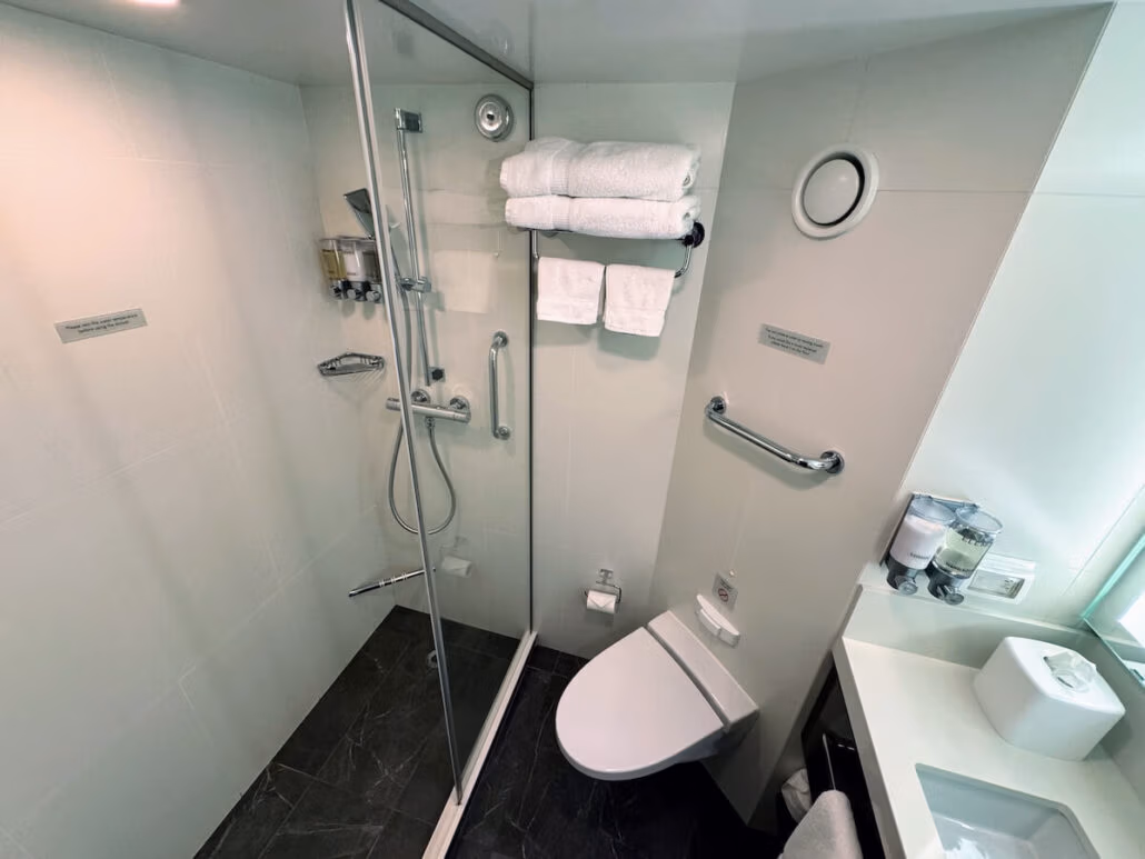 A compact bathroom aboard Holland America’s Koningsdam features a toilet, glass shower area, towel rack with folded towels, handrails, toiletries, and a small counter with tissue box and glasses—perfect for your Alaska cruise. Dark tiles complete the look.