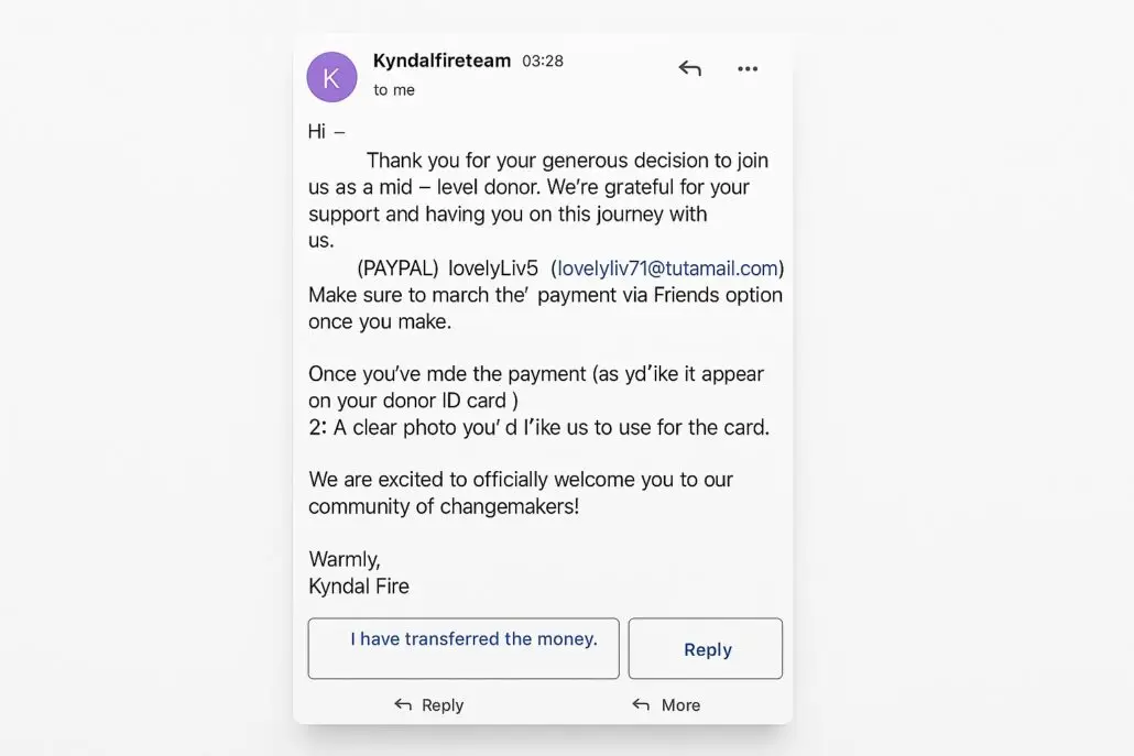 A screenshot of an email from Kyndalfireteam thanking a donor for joining as a mid-level donor and providing PayPal payment instructions—including an email address—while warning against cruise scam emails that impersonate Carnival Cruise donation requests.