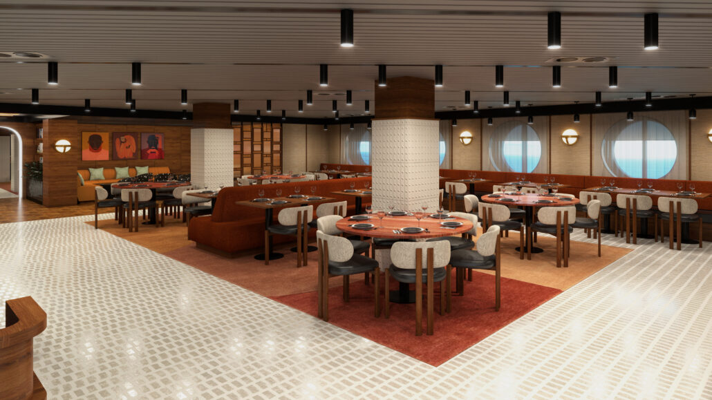 Spacious restaurant interior with several round tables set elegantly with plates and glasses. The room, reminiscent of a Spanish Tapas Bar, features brown and beige tones, circular windows, modern light fixtures, and a patterned floor. A colorful painting and booth seating are visible in the background.