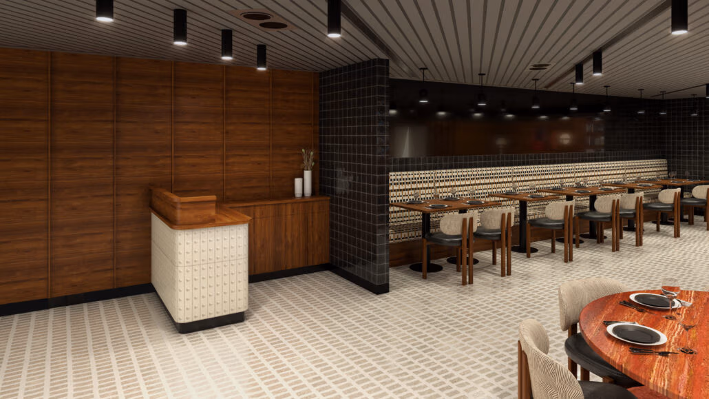 Modern restaurant interior resembling a Spanish Tapas Bar, featuring wooden tables with gray cushioned chairs, and a wall with dark tiles. The Brilliant Lady influence is evident in the light geometric floor pattern and overhead lights. Glasses are elegantly set on the tables.