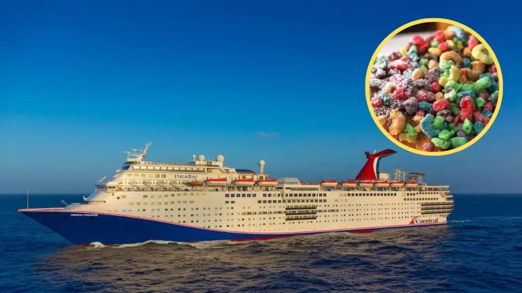 A large Carnival cruise ship travels on calm blue ocean water under a clear sky; an inset circle shows a close-up of colorful, sugar-coated boxed cereal pieces.