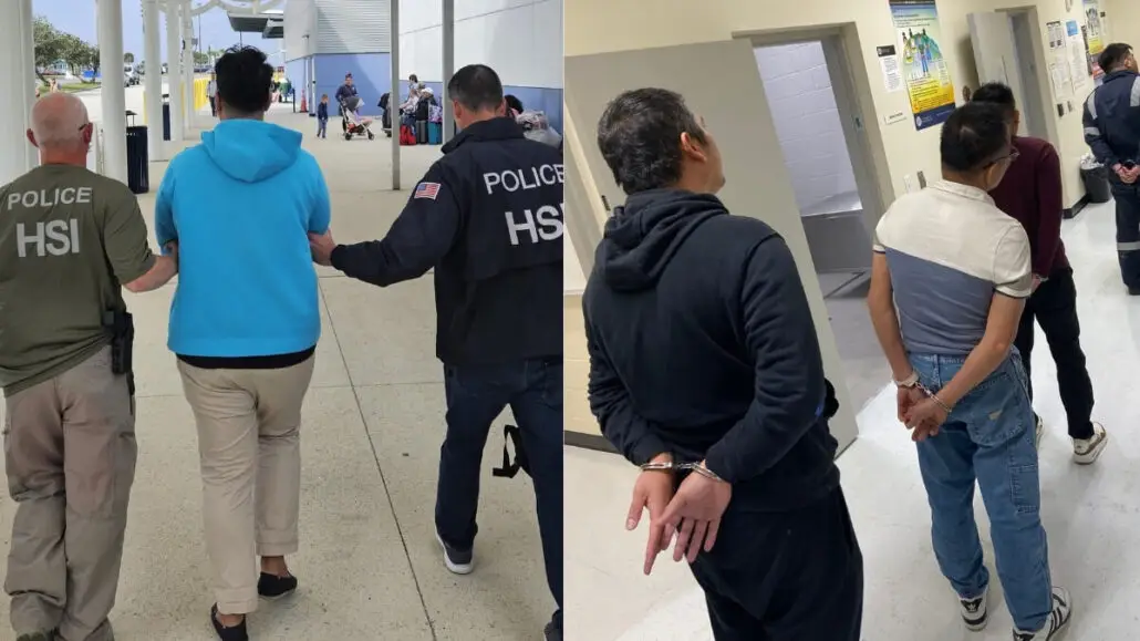 Two side-by-side photos show law enforcement officers escorting handcuffed individuals; on the left, outdoors with two officers, and on the right, indoors with two cruise ship workers being led down a hallway as feds crackdown on child exploitation.
