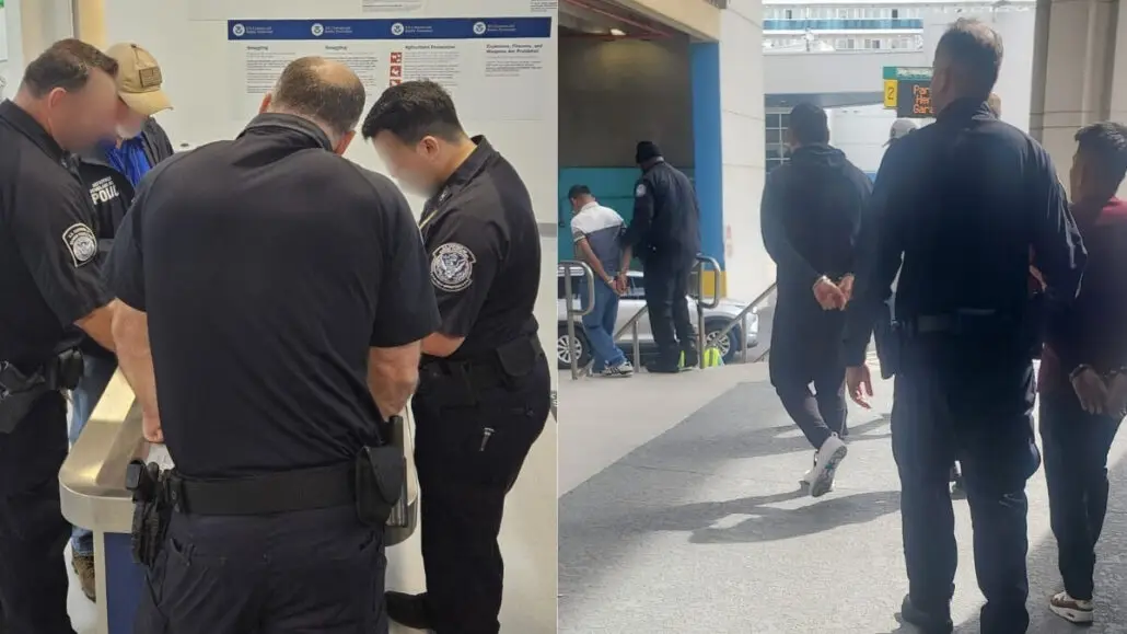 Several police officers are seen detaining and escorting individuals, possibly as part of a federal crackdown, at what appears to be an indoor public space and an outdoor area; some individuals have their hands behind their backs.