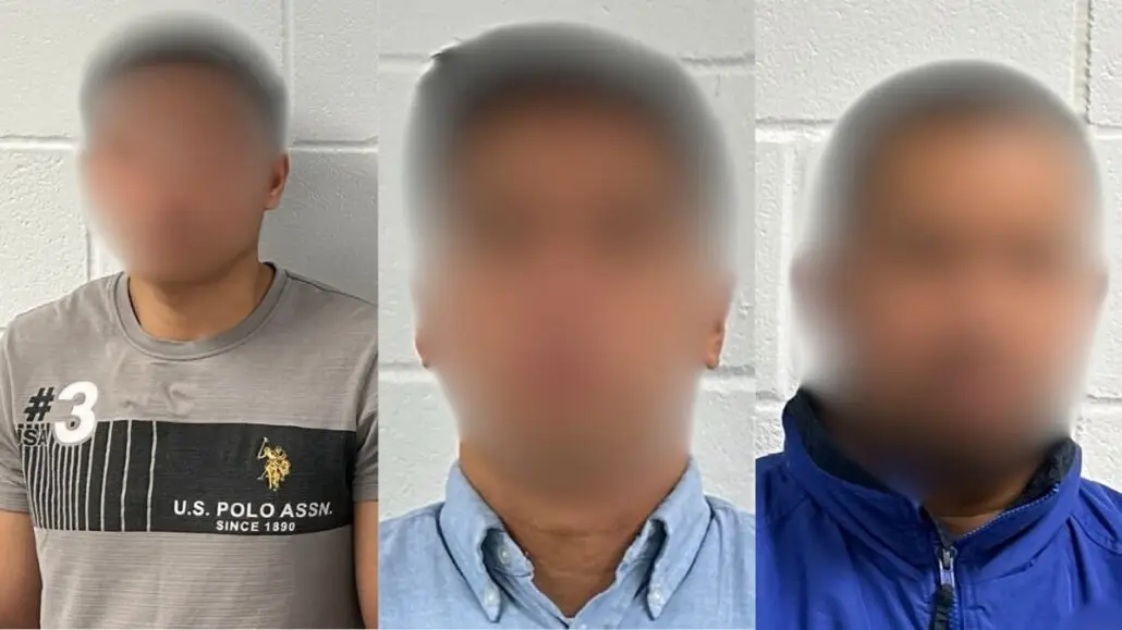 Three people, possibly cruise ship workers, stand before a light-colored brick wall with blurred faces—one in a gray t-shirt, another in a light blue collared shirt, and the third in a blue zip-up jacket—as feds crackdown on child exploitation.