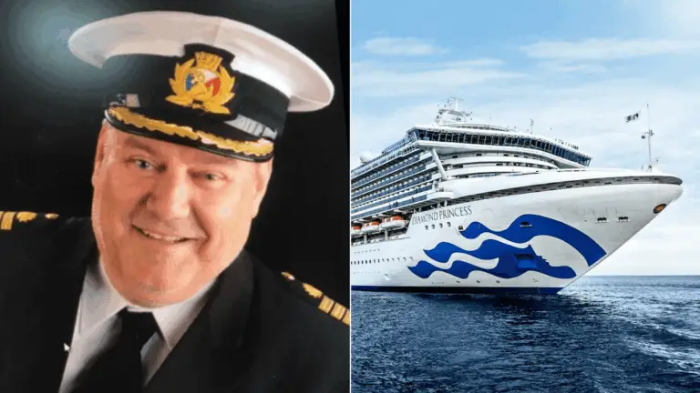 A cruise ship captain in uniform and hat stands on the left. On the right, a large white cruise ship with blue wave designs sails the open sea, highlighting Asia sailing adventures.
