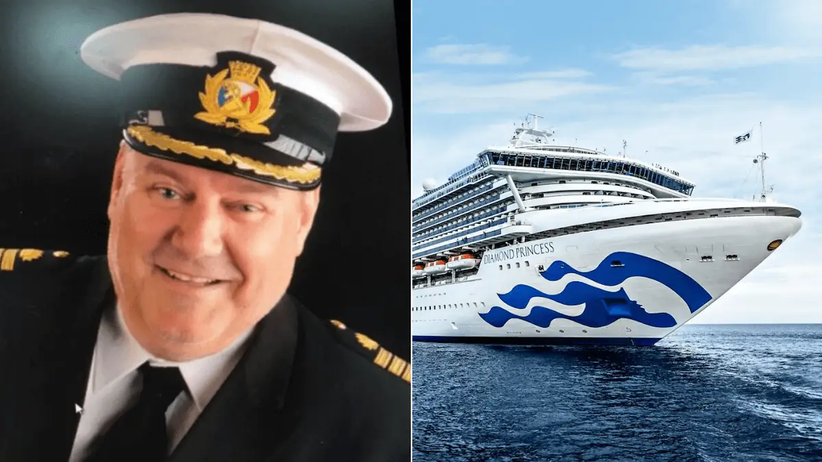 A cruise ship captain in uniform and hat stands on the left. On the right, a large white cruise ship with blue wave designs sails the open sea, highlighting Asia sailing adventures.