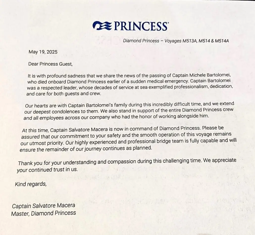 A printed letter from Princess Cruises announces that Captain dies, expressing condolences and introducing Captain Salvatore Macera as the new Master of Diamond Princess on upcoming Asia cruise voyages.