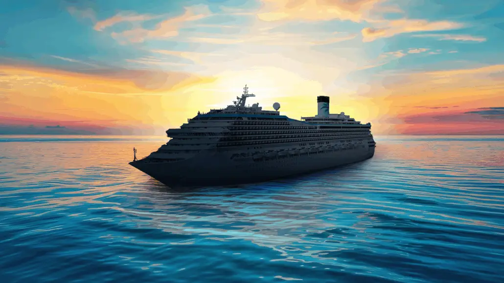 A large Margaritaville at Sea cruise ship sails on calm ocean waters at sunset, its orange and blue sky reflecting on the sea—a stunning scene celebrating their third ship in the fleet.