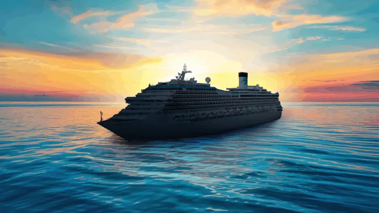 A large Margaritaville at Sea cruise ship sails on calm ocean waters at sunset, its orange and blue sky reflecting on the sea—a stunning scene celebrating their third ship in the fleet.
