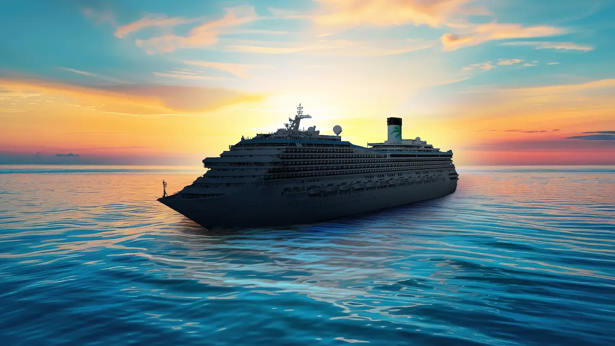 A large Margaritaville at Sea cruise ship sails on calm ocean waters at sunset, its orange and blue sky reflecting on the sea—a stunning scene celebrating their third ship in the fleet.