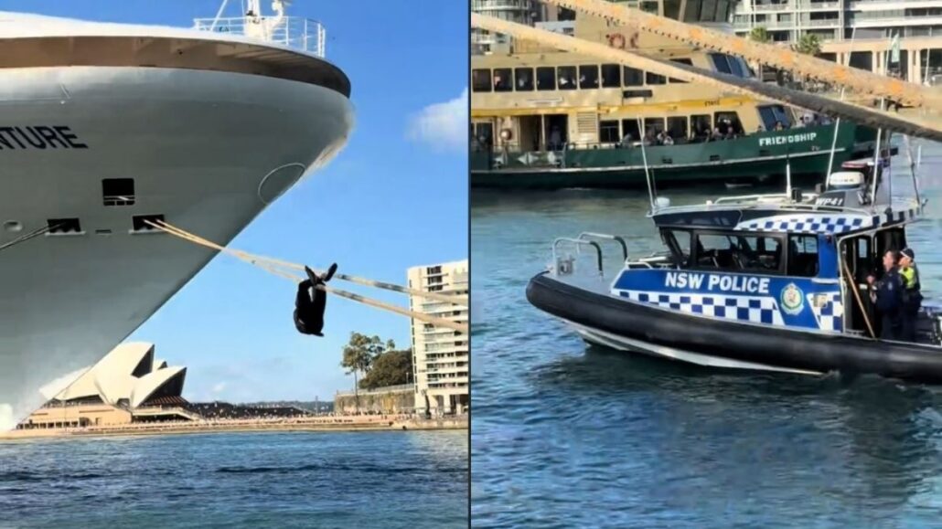 A person hangs by their hands from the bow of a large cruise ship docked at a harbor, possibly after scaling moorings, as a police boat labeled "NSW Police" approaches. The Sydney Opera House is visible in the background.