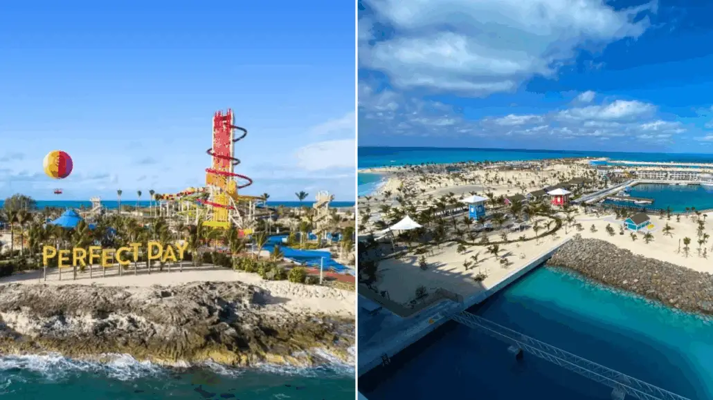 A split image shows a tropical island resort with a tall red water slide and yellow hot air balloon on the left, and on the right, views reminiscent of a cruise ship comparison between MSC World America and Royal Caribbean Oasis Class.