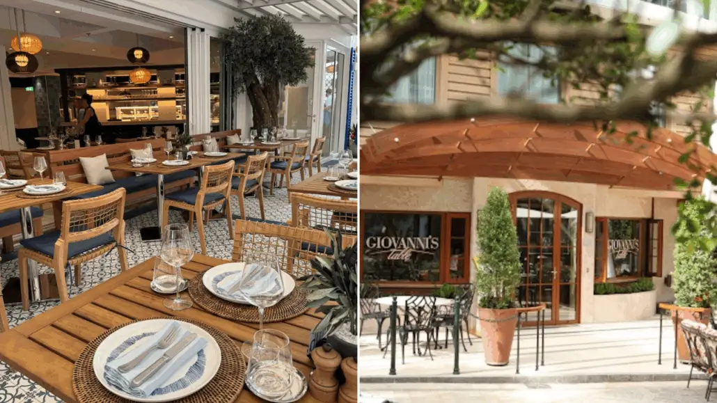 A split image shows an elegant restaurant interior with neatly set wooden tables on the left and the exterior of Giovanni’s Café—found aboard Royal Caribbean Oasis Class ships—with outdoor seating and potted plants on the right.