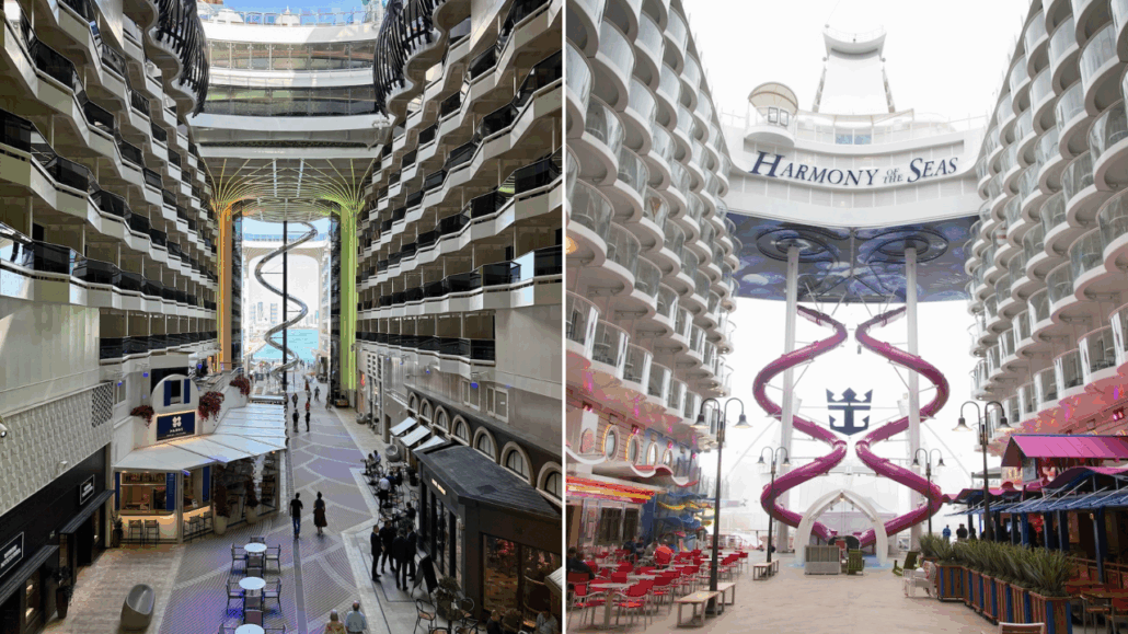 Side-by-side photos offer a cruise comparison of inner promenades—one from MSC World America, the other from a Royal Caribbean Oasis Class ship. Each features a multi-story spiral slide, balconies, and outdoor seating; one scene appears more brightly lit than the other.