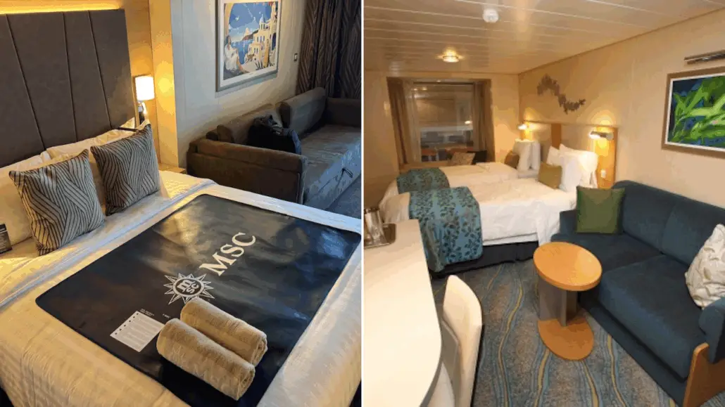 Side-by-side cruise comparison of MSC World America and Royal Caribbean Oasis Class cabins, each featuring a bed, sofa, small tables, lamps, wall art, and neutral décor with decorative pillows and throws.