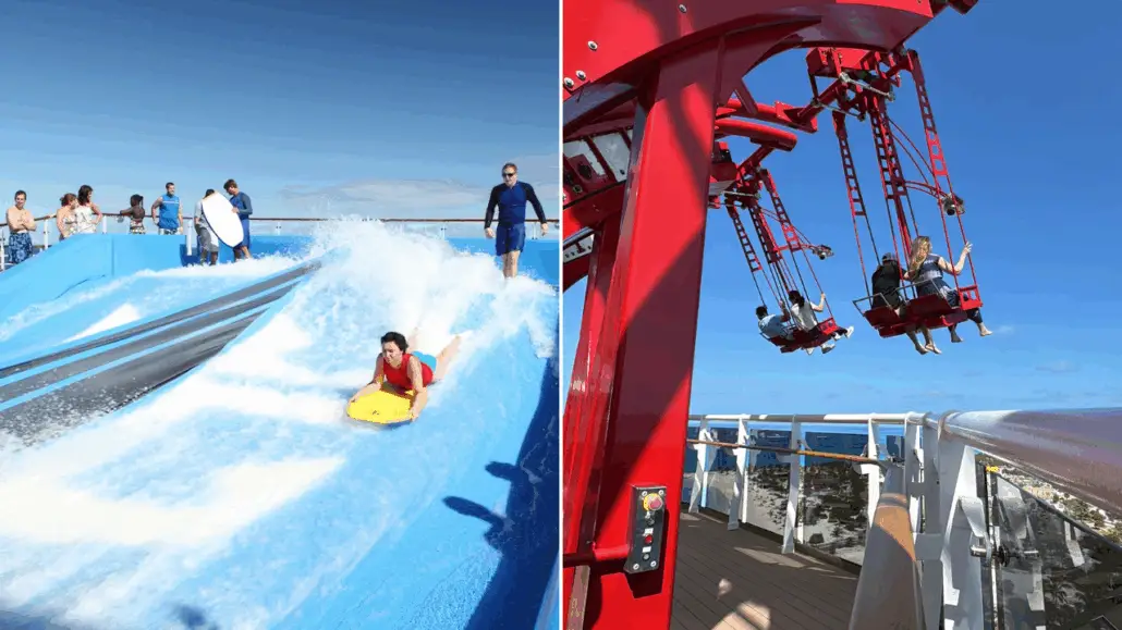 Split image: On the left, people surf and watch near a wave simulator on a Royal Caribbean Oasis Class ship. On the right, passengers ride a red swing over the deck, offering a cruise comparison under a clear blue sky.