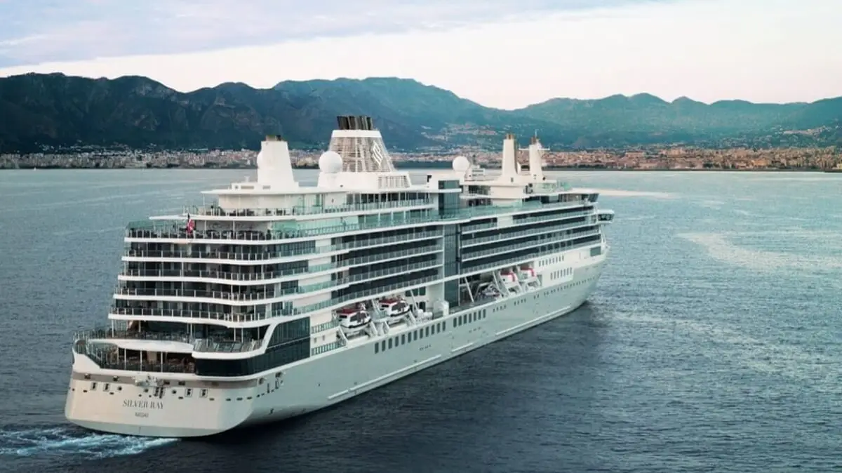 A large white cruise line ship sails on calm water near a coastline, with distant mountains and a city visible in the background under a partly cloudy sky.