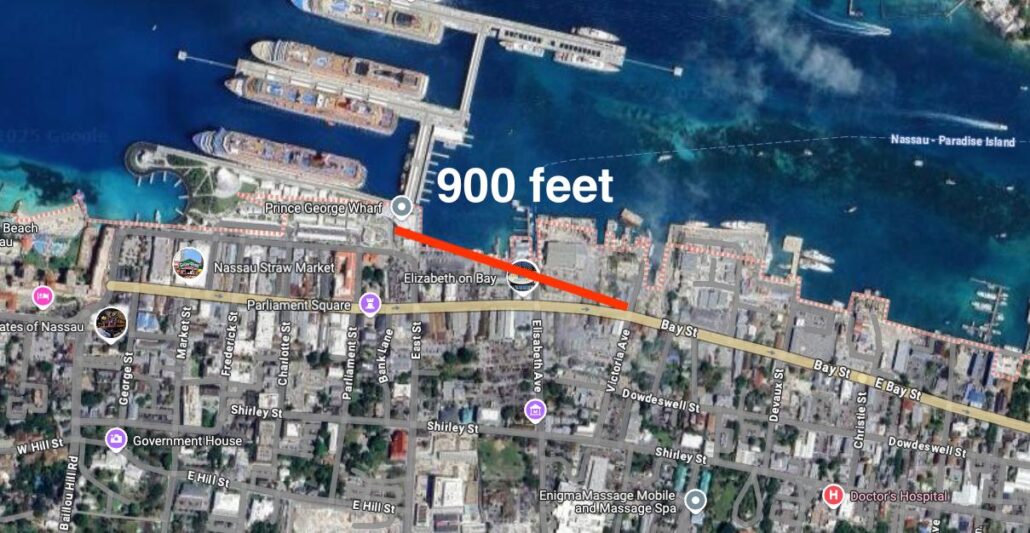 A satellite view of Nassau, Bahamas, highlights Prince George Wharf at the cruise port with ships docked. A labeled white line marks 900 feet inland along Elizabeth on Bay toward Bay St., passing notable downtown buildings.