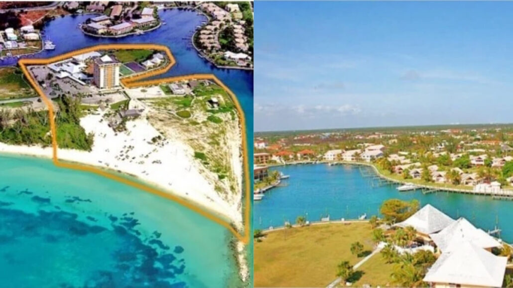 Aerial views of coastal properties: the left image shows Royal Caribbean’s $300M Bahamas resort on a peninsula with turquoise water and white sand; the right image highlights waterfront homes and green lawns beside a marina.