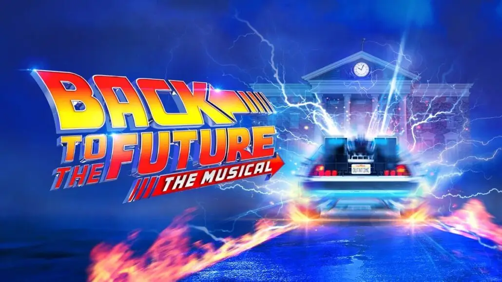 Poster for "Back to the Future: The Musical," featured in Star of the Seas, with a DeLorean car leaving flaming tire tracks in front of a clock tower, surrounded by blue lightning and mist—one of the must-see shows on board.