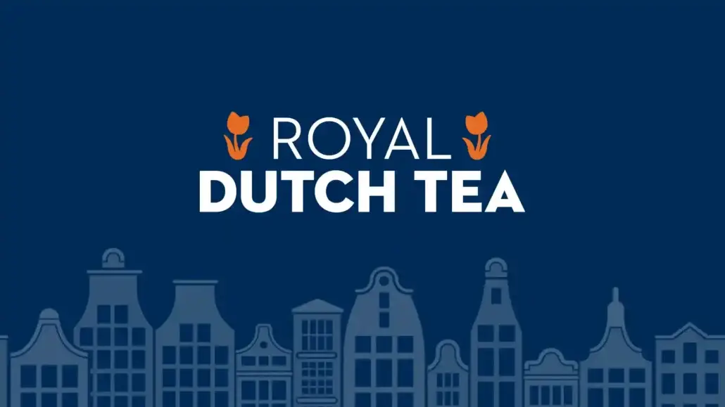 A dark blue graphic with the text "ROYAL DUTCH TEA" in white, featuring orange tulip icons above and silhouettes of traditional Dutch canal houses along the bottom, inspired by Holland America’s classic Sea Days experience.