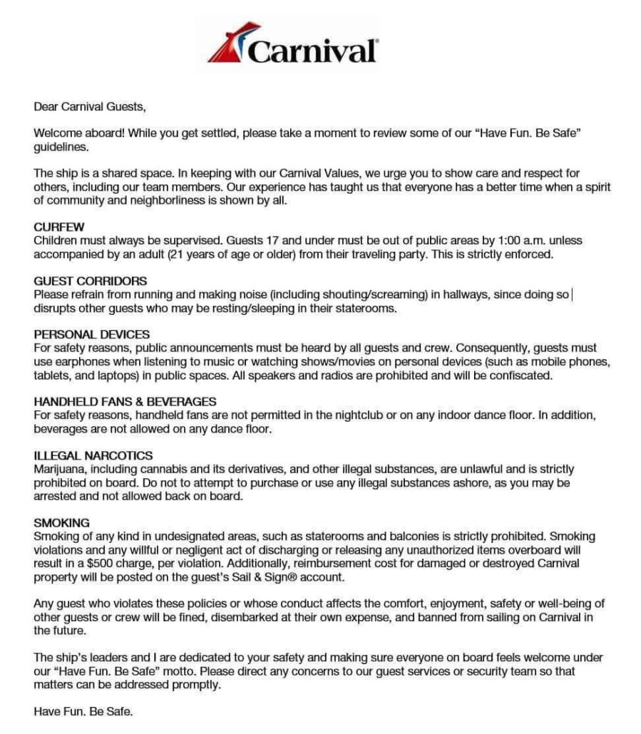 A letter from Carnival outlining safety protocols for guests, including curfews, guest corridor noise policies, rules on personal devices, prohibited items, alcohol consumption, and general conduct for a safe cruise experience.