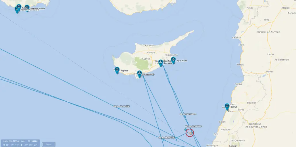 A map showing eastern Mediterranean sea routes, with marked waypoints near Cyprus, Turkey, and Lebanon. Blue lines trace ship paths across the area. Cyprus is centrally located; the mainland coastlines are visible to the east and north.