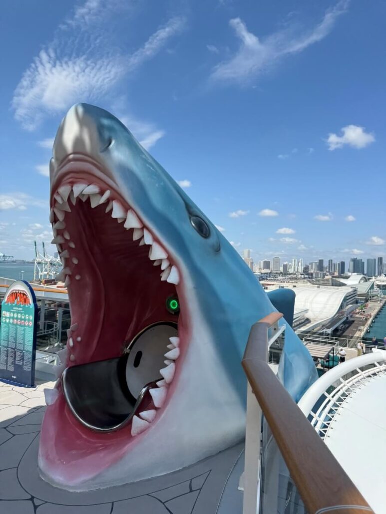 A large slide shaped like an open-mouthed shark, with visible teeth and a dark entrance, sits on the deck of MSC World America. City buildings and a harbor are visible in the background under a blue sky—an exciting highlight among MSC ships.