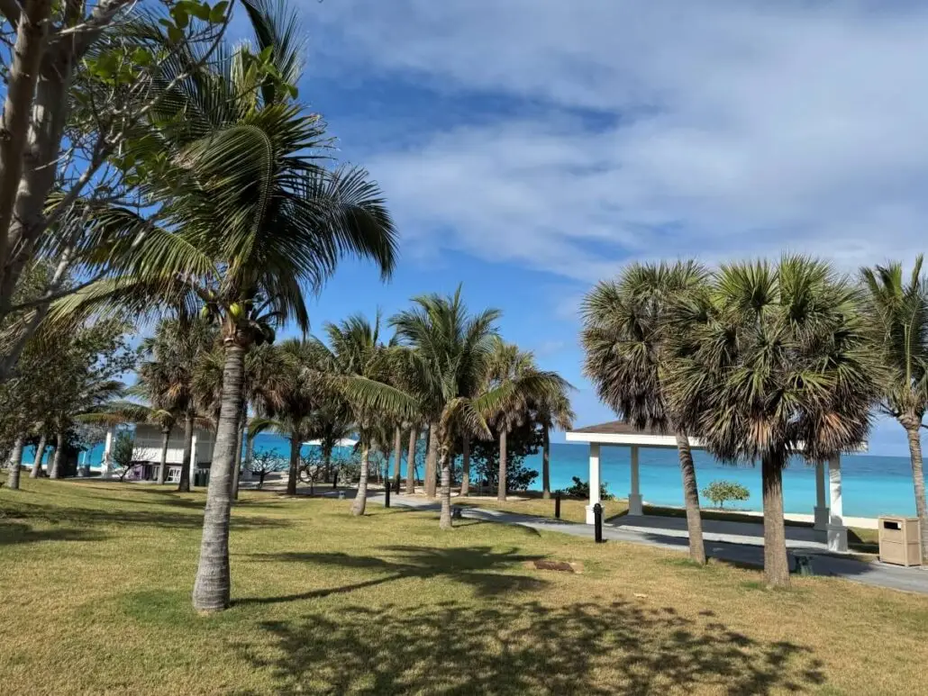 Palm trees and green grass are in the foreground, with a pathway and white pergolas behind them. The background features turquoise ocean water and a partly cloudy sky—an inspiring spot for travel programs for college students seeking adventure.