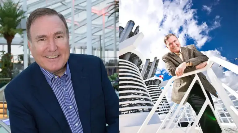A man in a suit, resembling Royal Caribbean Chairman Richard Fain, smiles indoors with plants behind him; on the right, he poses outdoors on a ship’s deck, leaning on a white railing with industrial structures and blue sky in the background.