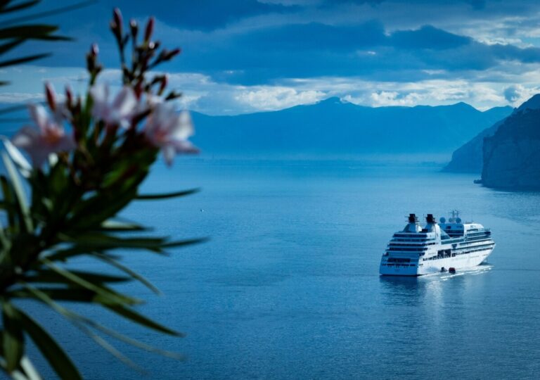 A white cruise ship sails across a calm blue sea near a mountainous coastline, with pink cruise flowers and green leaves in the foreground under a partly cloudy sky, capturing true cruise vibes.