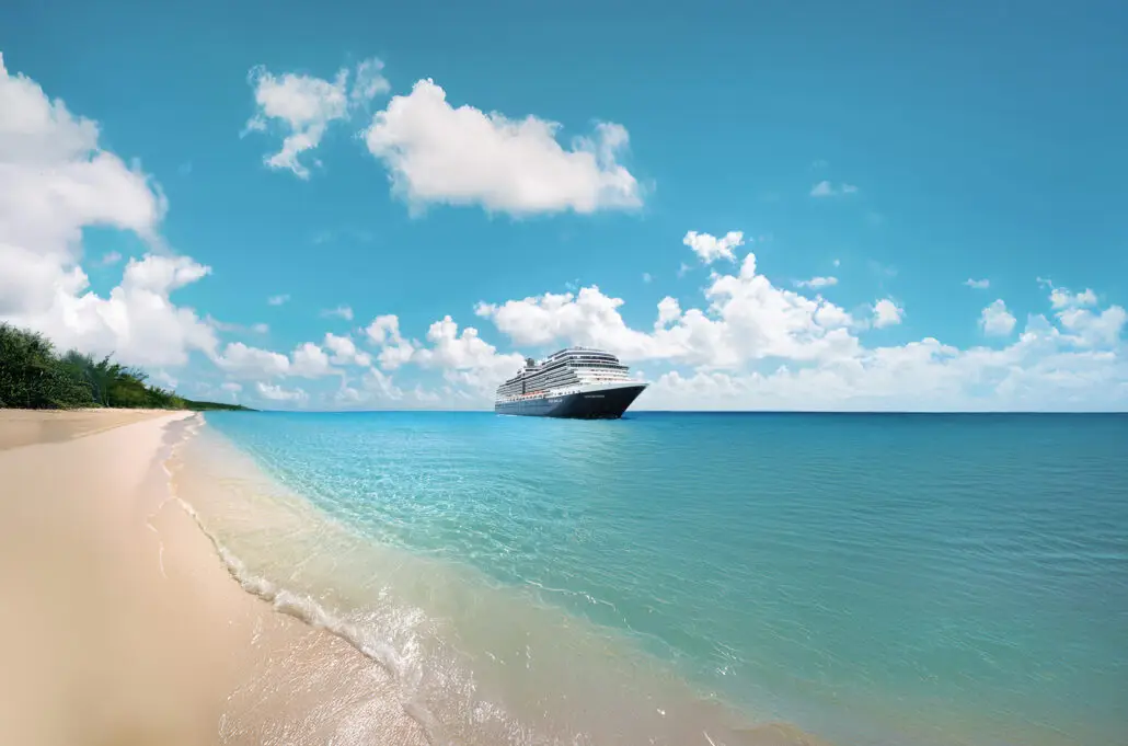 A large Holland America cruise ship is docked a short distance from a sandy beach with clear turquoise water. The sky is mostly clear with a few clouds, and lush greenery lines the left edge of the shoreline—perfect for cruises on sale.