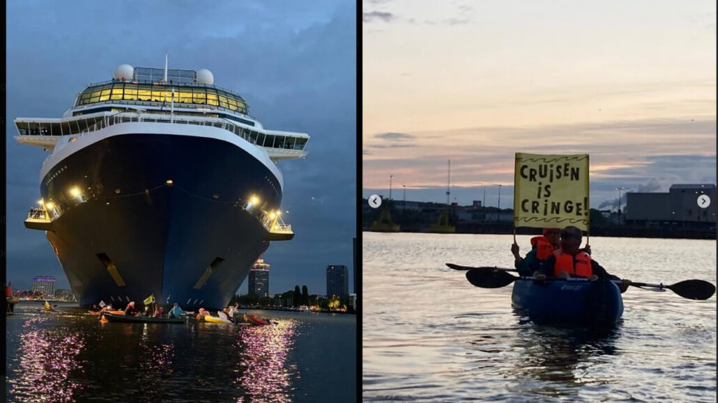A group of kayakers gathers in the water near the bow of a large cruise ship at dusk during an Amsterdam protest. In a separate image, two people in a kayak hold a yellow sign that reads "CRUISEN IS CRINGE!".