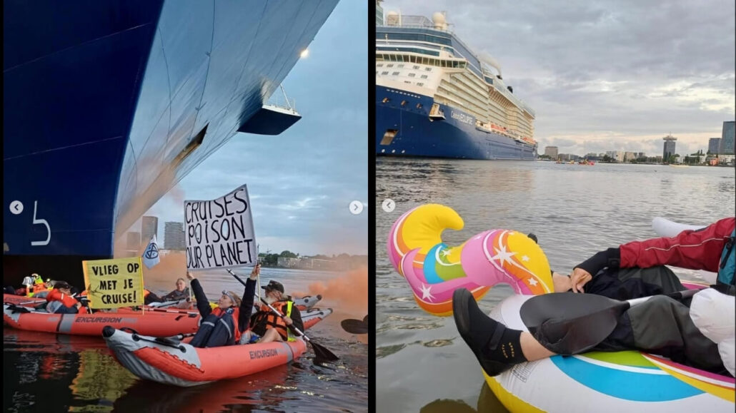 Protestors in Amsterdam, in inflatable boats, display signs like “CRUISES POISON OUR PLANET” beside a massive cruise ship; nearby, someone floats on an inflatable unicorn in the water.