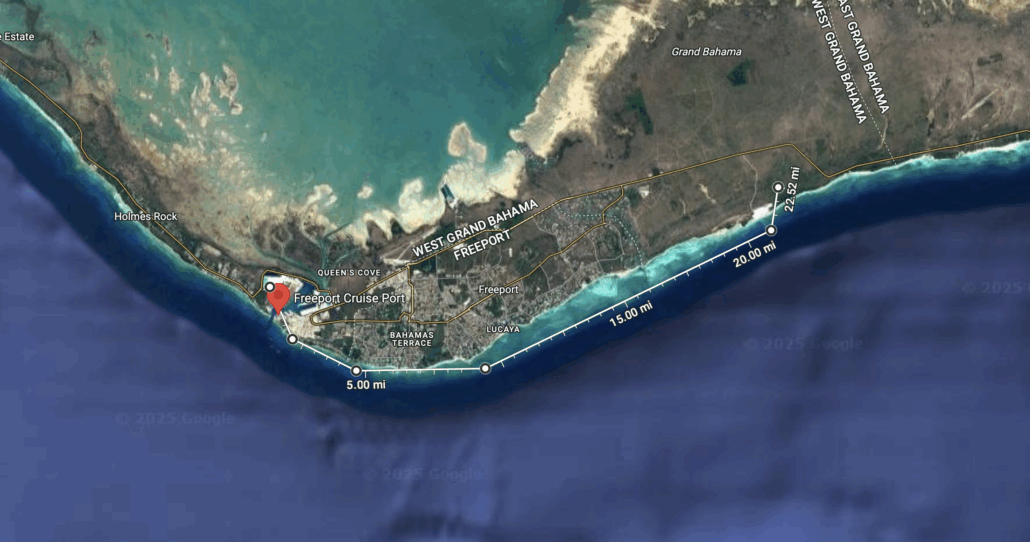 A satellite map view of Freeport, Grand Bahama Island, showing the coastline, Freeport Cruise Port, a labeled distance line measuring 20 miles along the southern shore, and nearby Celebration Key for an exclusive behind the scenes look.