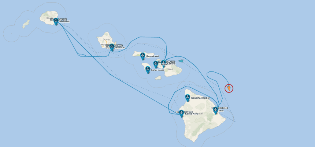 A map of Hawaii displays blue lines and markers outlining a travel route for cruise passengers across Kauai, Oahu, Molokai, Lanai, Maui, and Hawaii. One marker is encircled in red, highlighting a key point along the journey.