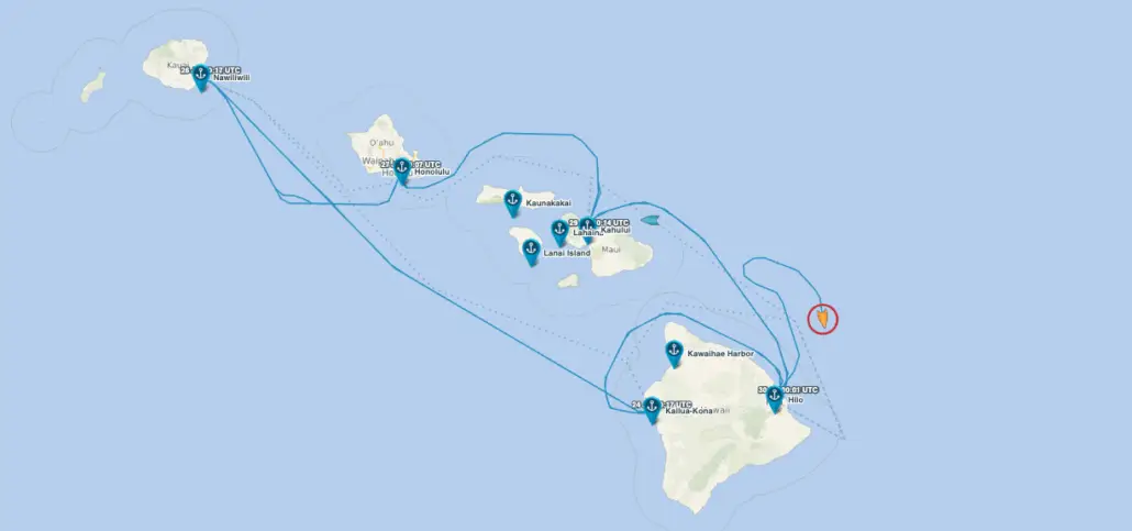 A map of Hawaii displays blue lines and markers outlining a travel route for cruise passengers across Kauai, Oahu, Molokai, Lanai, Maui, and Hawaii. One marker is encircled in red, highlighting a key point along the journey.