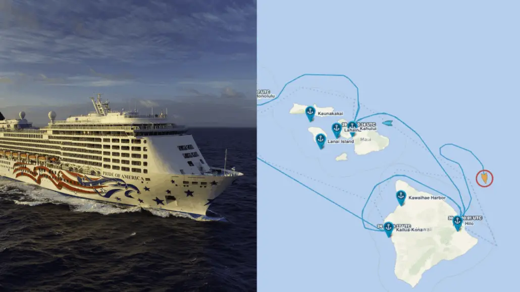 A large NCL cruise ship sails on the ocean at sunset on the left; on the right, a map shows the ship's Hawaii itinerary with stops marked on Maui, Oahu, Kauai, and the Big Island.