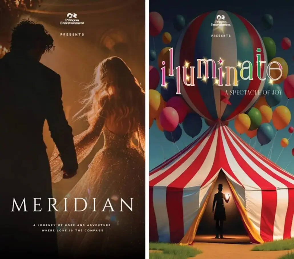 Side-by-side posters: left shows two people in formal attire facing away, with the title “Meridian”; right shows a person in silhouette entering a striped circus tent under colorful balloons, titled “Illuminate: A Spectacle of Joy.”.