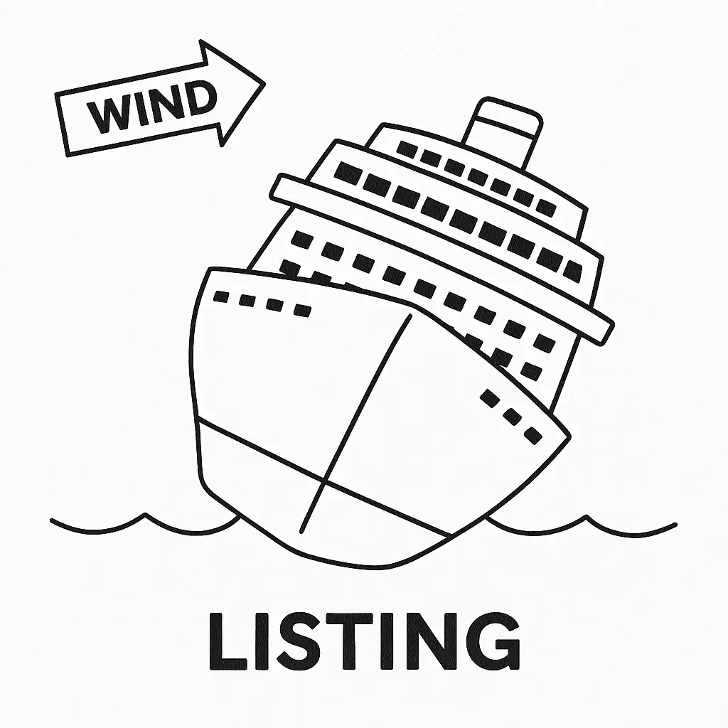 A cruise ship, such as Carnival Panorama, leans to one side on the water, labeled “Listing.” An arrow labeled “Wind” points toward the ship, indicating wind is causing the tilt and possibly contributing to minor flooding.